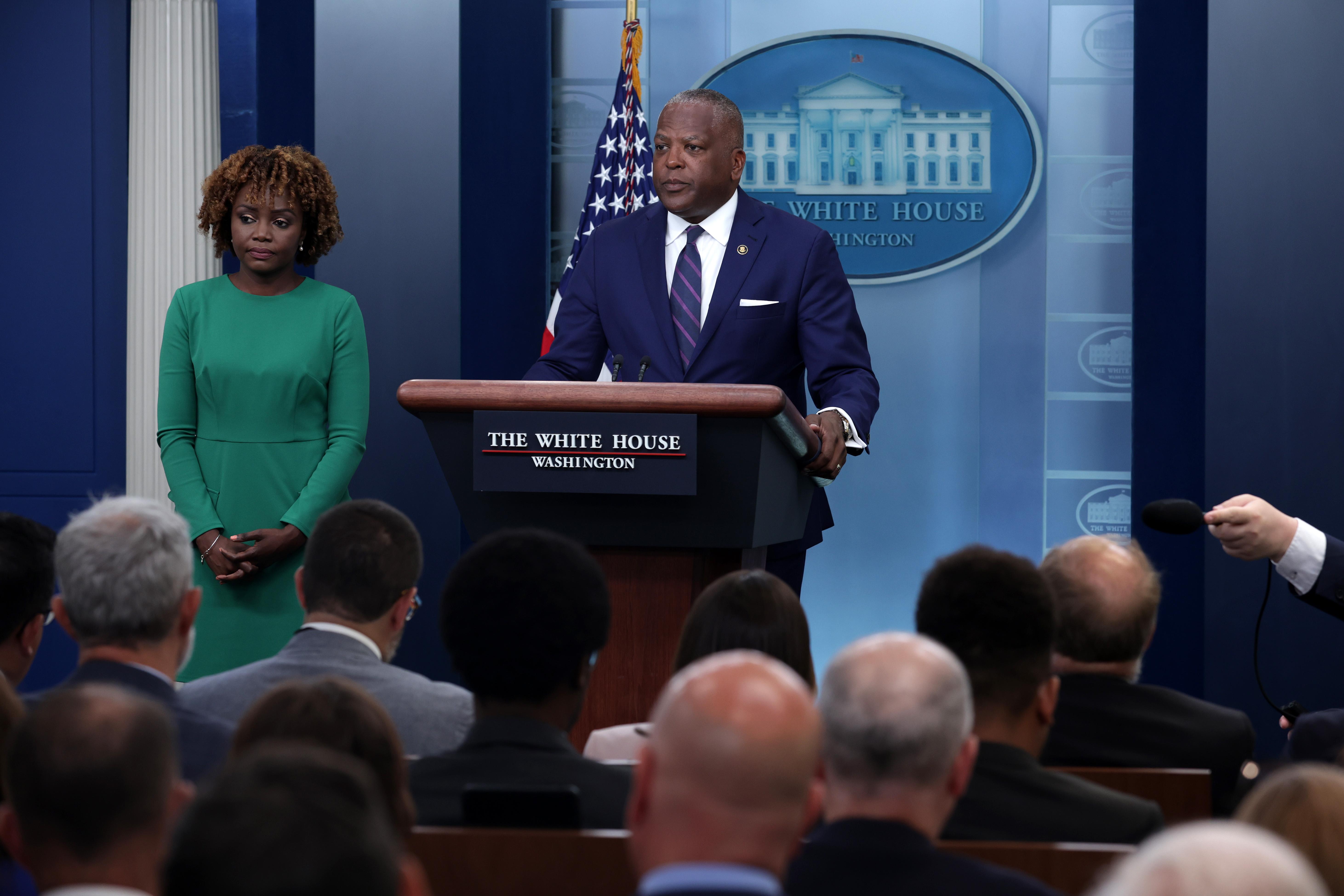 White House Press Secretary Karine Jean-Pierre and Director of the Office of Public Engagement Stephen Benjamin