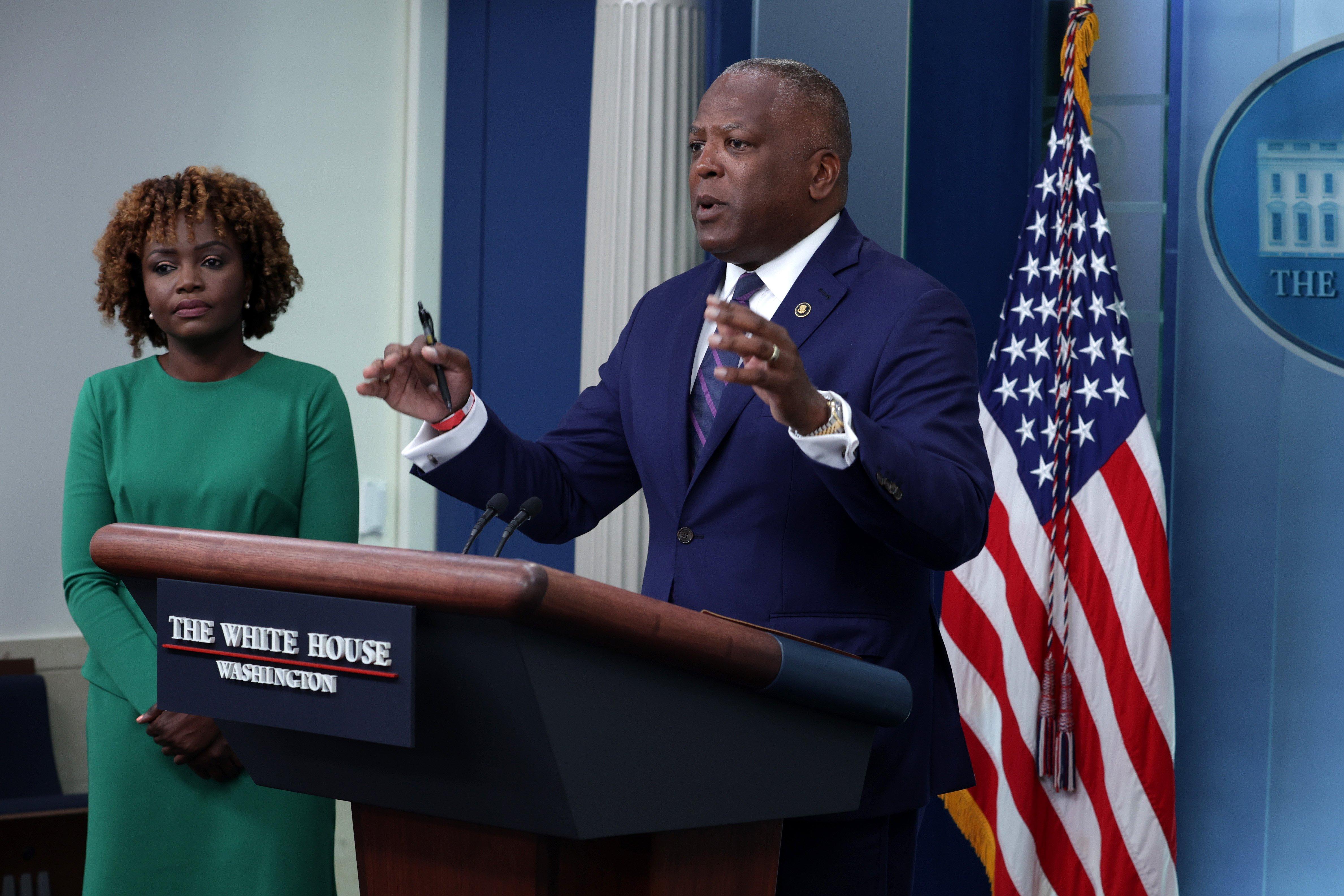 White House Press Secretary Karine Jean-Pierre and Senior Adviser Stephen Benjamin