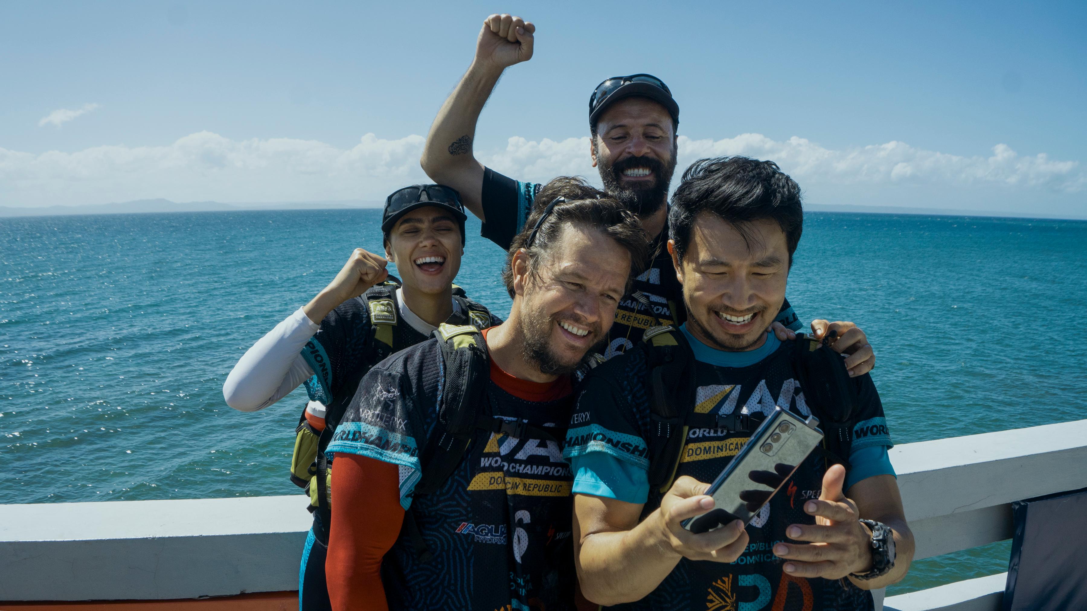 “Arthur the King” cast members Nathalie Emmanuel, Mark Wahlberg, Ali Suliman and Simu Liu 
