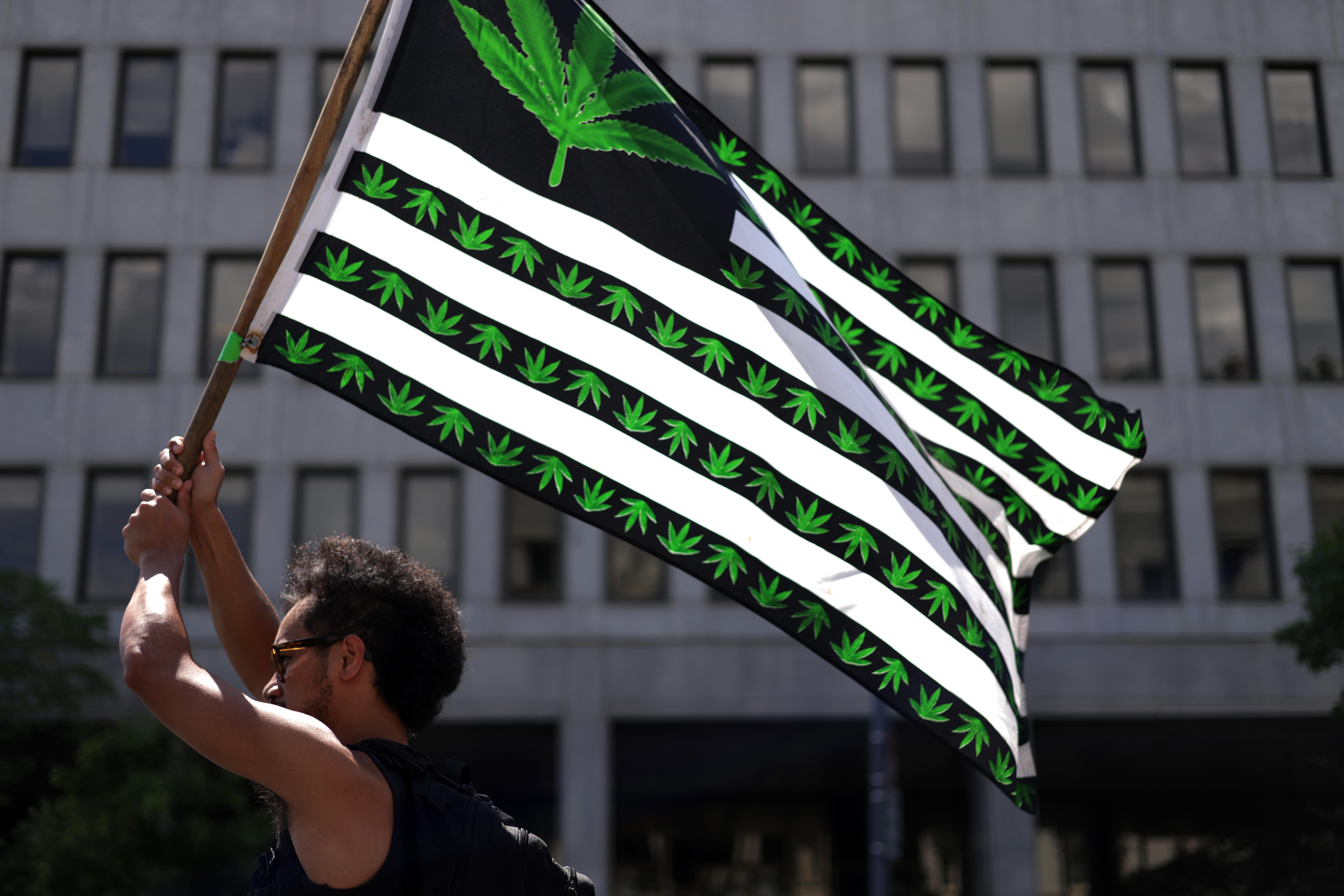 A man holding a flag with marijuana leaves on it