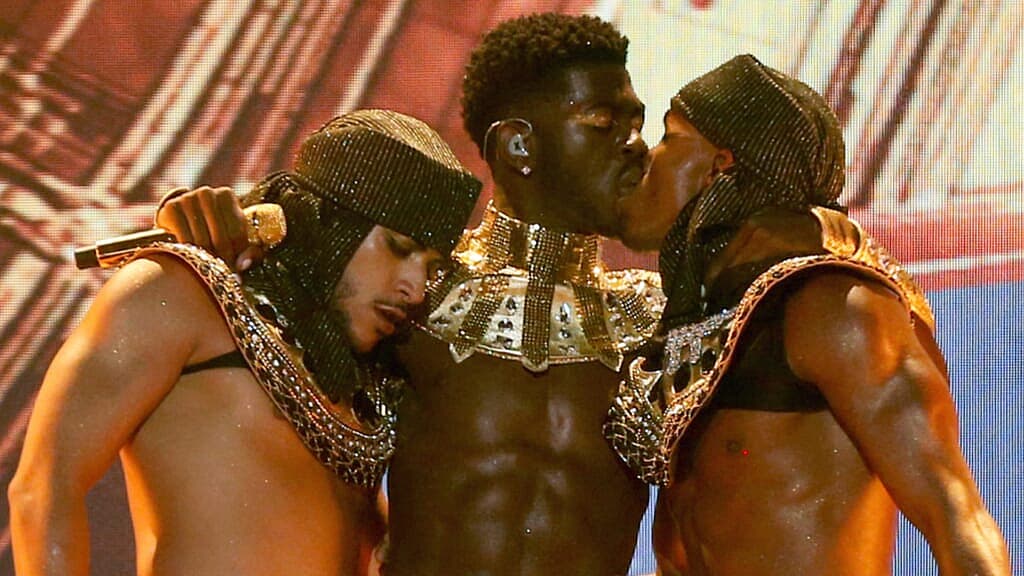 Rapper Lil Nas X (center) performs with his dancers