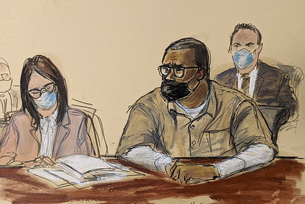 Courtroom sketch of musician R. Kelly and his attorney Jennifer Bonjean