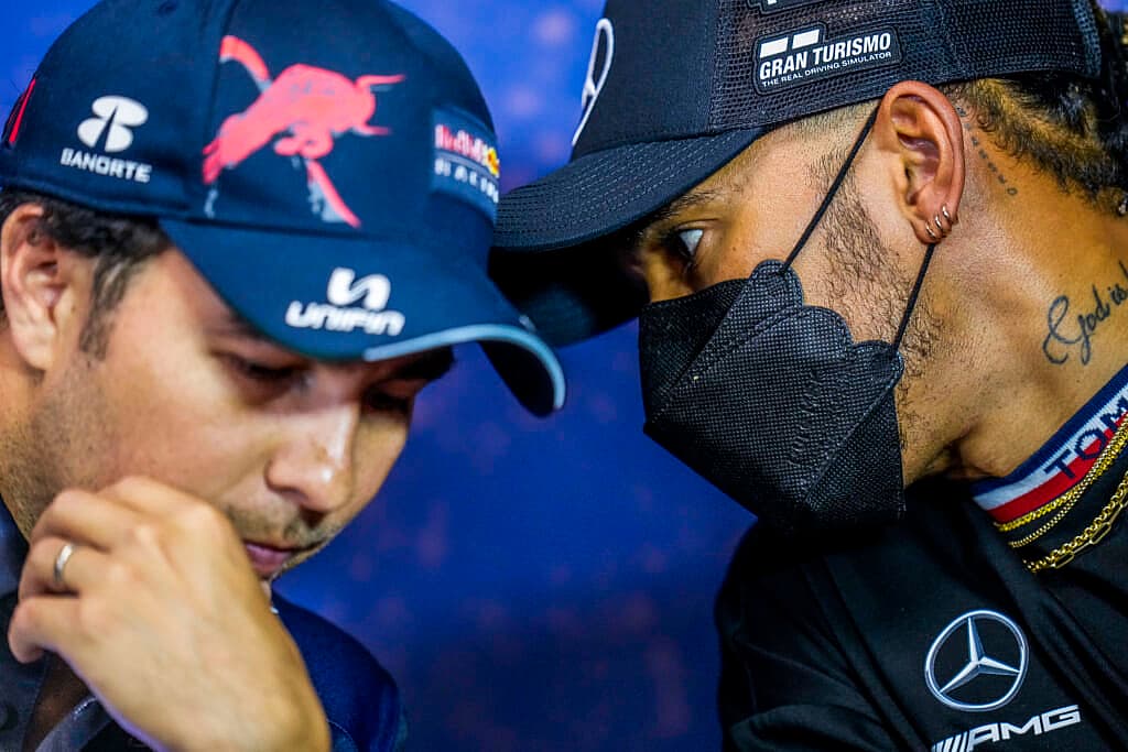 Red Bull driver Sergio Perez of Mexico and Mercedes driver Lewis Hamilton of Britain