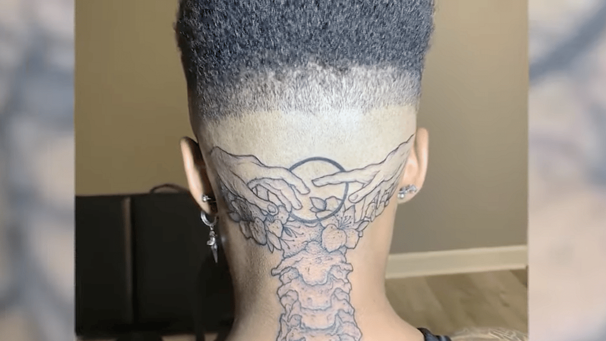 Mobile firefighter Kay'Ana Adams head tattoo