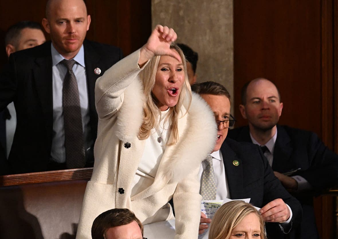 Republican Representative Marjorie Taylor Greene (R-GA) gives a thumbs down
