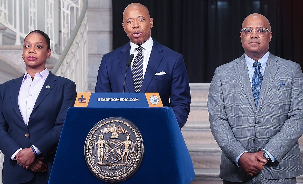 New York City Police Department Commissioner Keechant Sewell and New York City Mayor Eric Adams