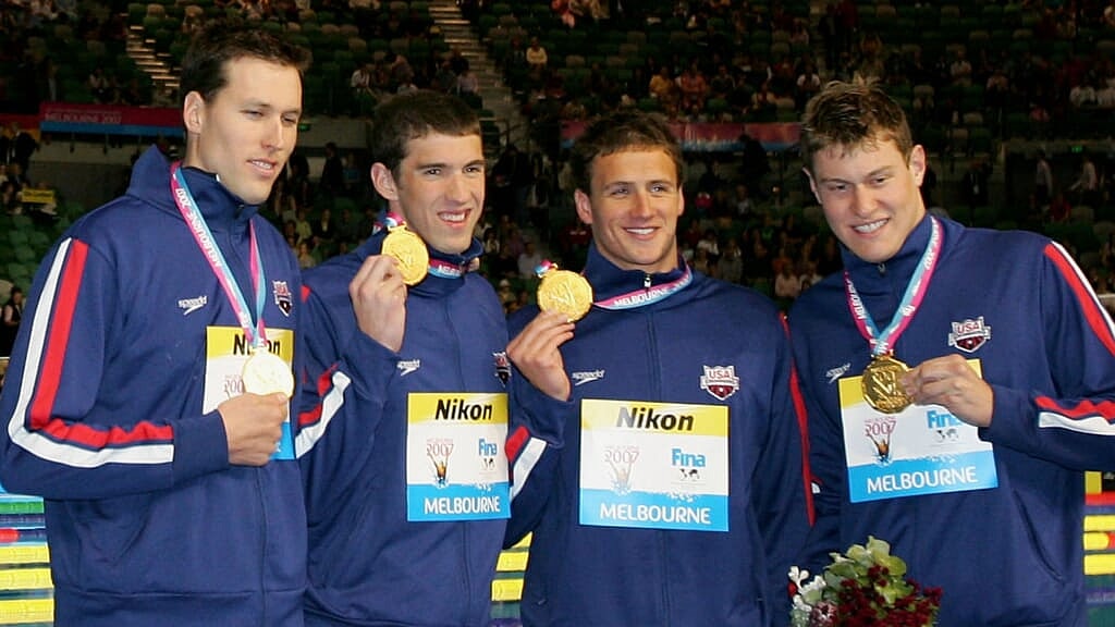 Swimmers Klete Keller, Michael Phelps, Ryan Lochte and Peter Vanderkaay