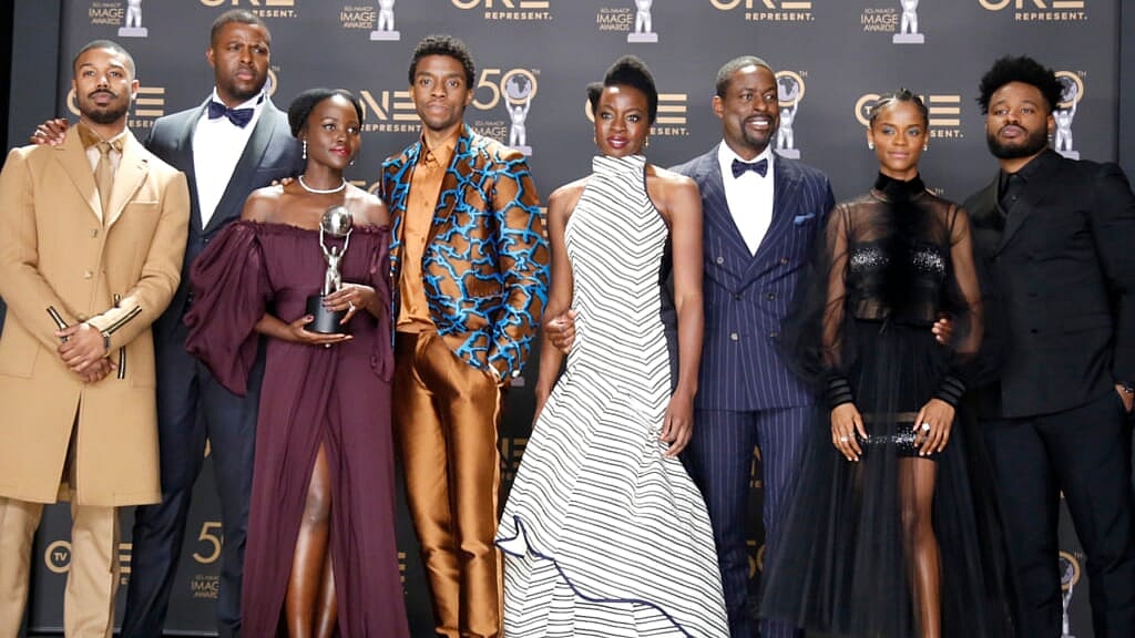 Actors Michael B. Jordan, Winston Duke, Lupita Nyong’o, Chadwick Boseman and other "Black Panther" cast members