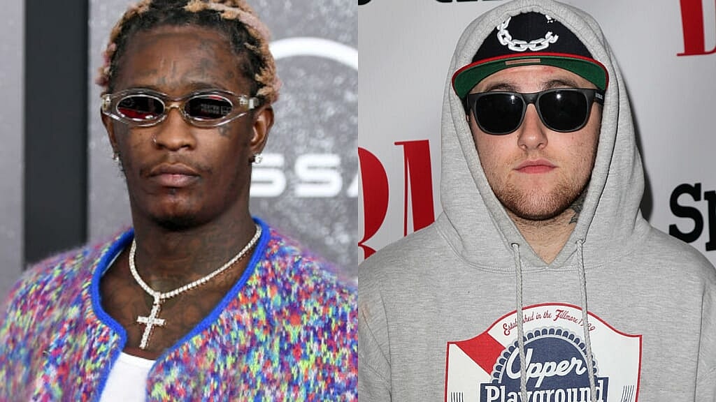 Rappers Young Thug, wearing a multicolored jacket and gold cross, and Mac Miller, wearing a gray hoodie