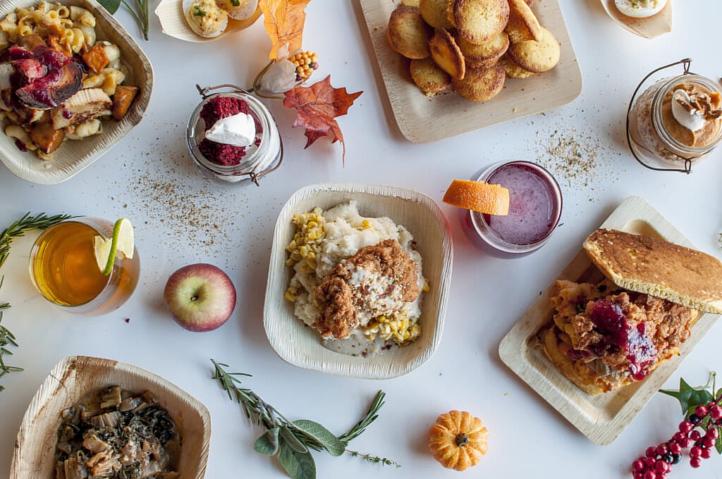 Soul Food Thankgsiving Overhead with Fried Chicken, Cornbread, C