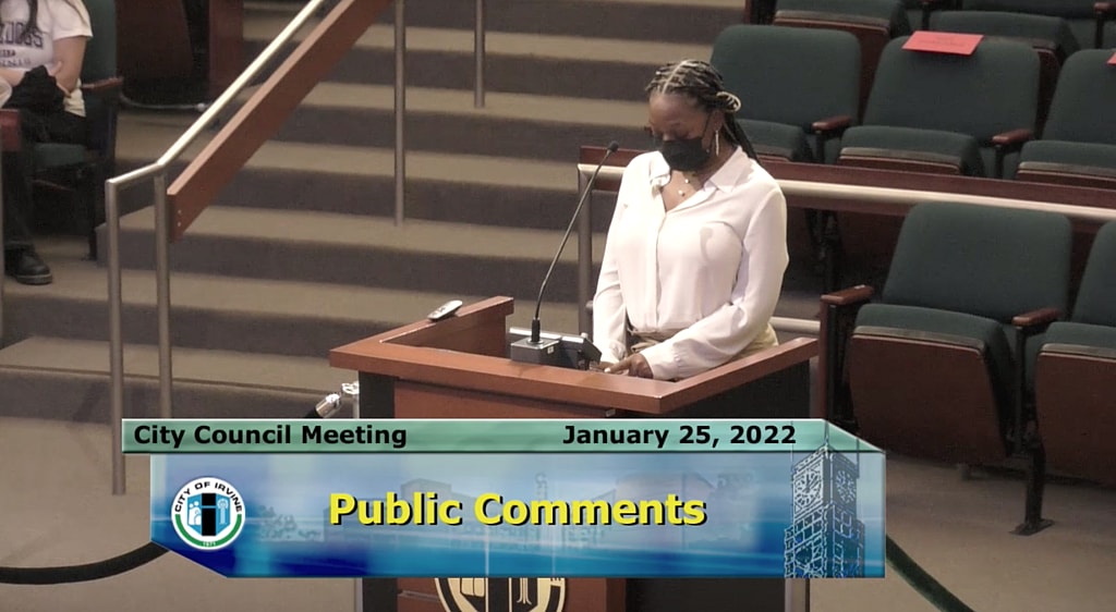 Sabrina Little-Brown speaks at an Irvine City Council meeting