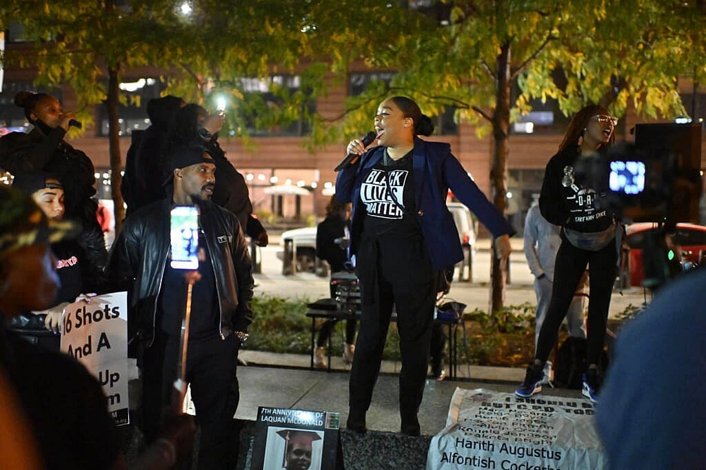 Former community activist Kina Collins participates in a Black Lives Matter protest