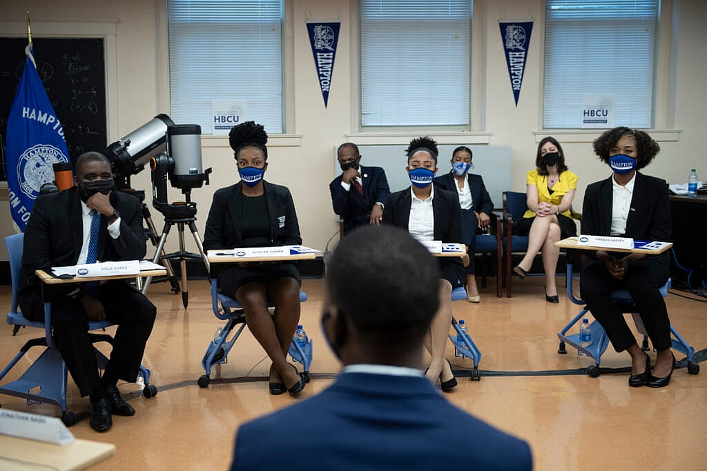Students and others during a discussion with Vice President Kamala Harris