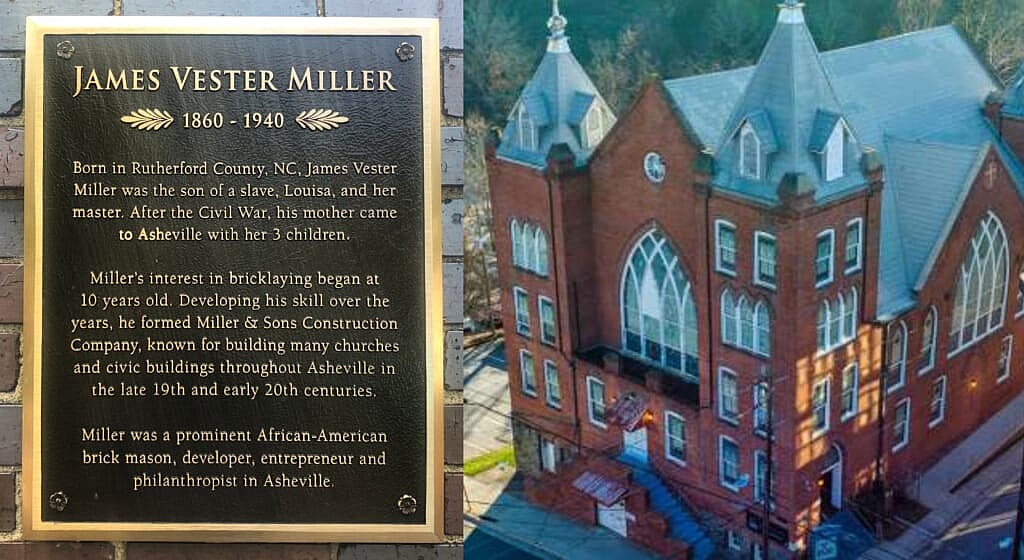 A plaque honoring James Vester Miller, who built Mt. Zion Church in Asheville, N.C.