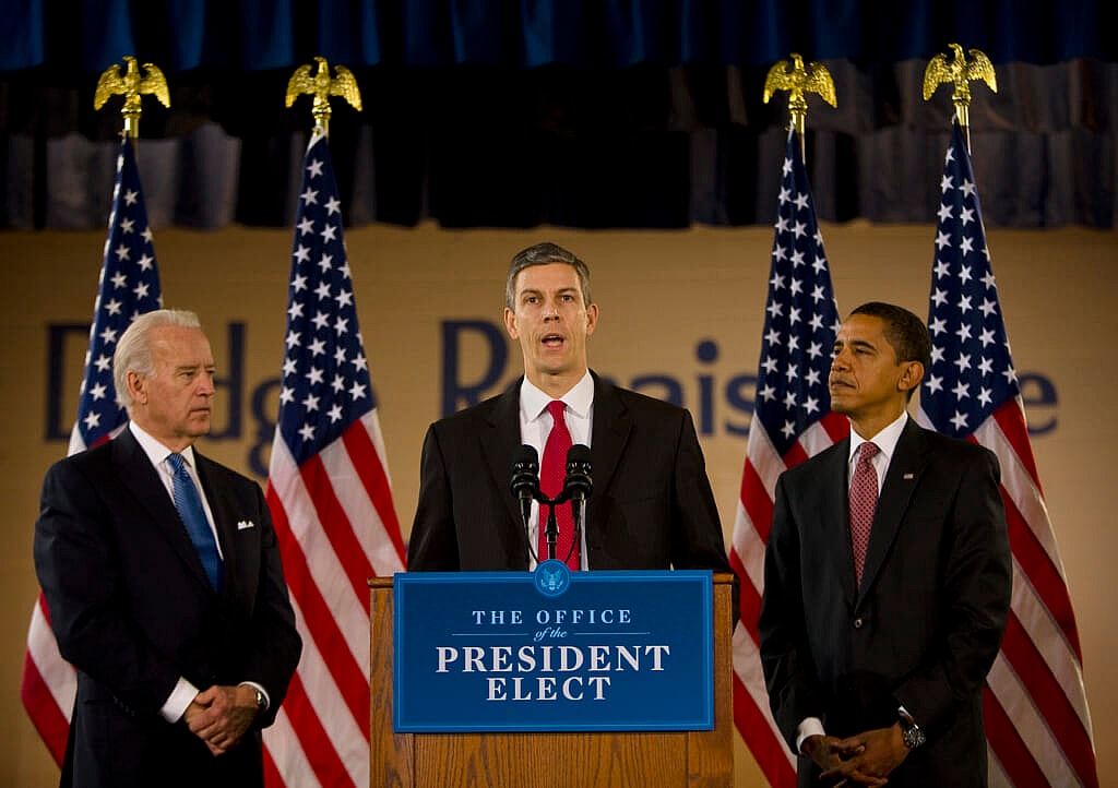 President Joe Biden, Chicago School Chief Arne Duncan and former President Barack Obama
