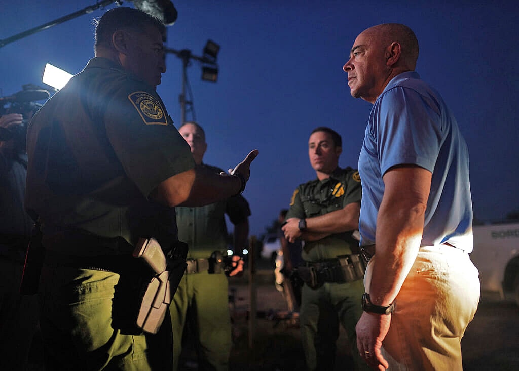 Raul Ortiz, Chief, U.S. Border Patrol, talks to Homeland Security Secretary Alejandro Mayorkas.