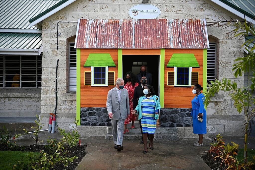 Britain’s Prince Charles, with Ingrid Thompson, chief archivist, visits The National Archives in Bridgetown, Barbados