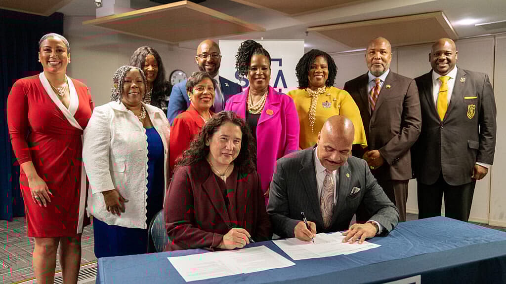 SBA Administrator Isabella Guzman signs a Strategic Alliance Memorandum alongside Reuben A. Shelton III