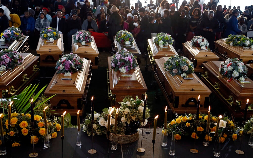 A view of the coffins during a funeral service held in Scenery Park, East London, South Africa