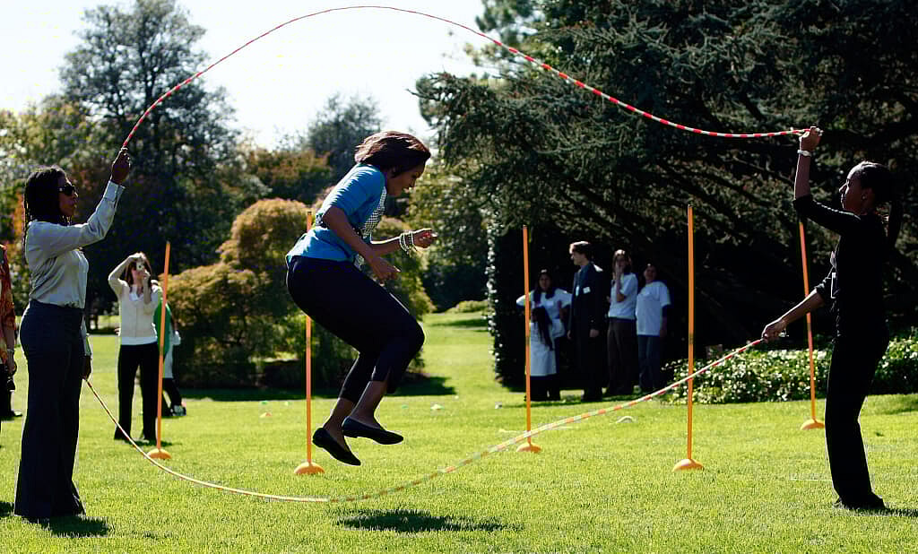 Former First Lady Michelle Obama jumps rope “Double Dutch” on the South Lawn of the White House