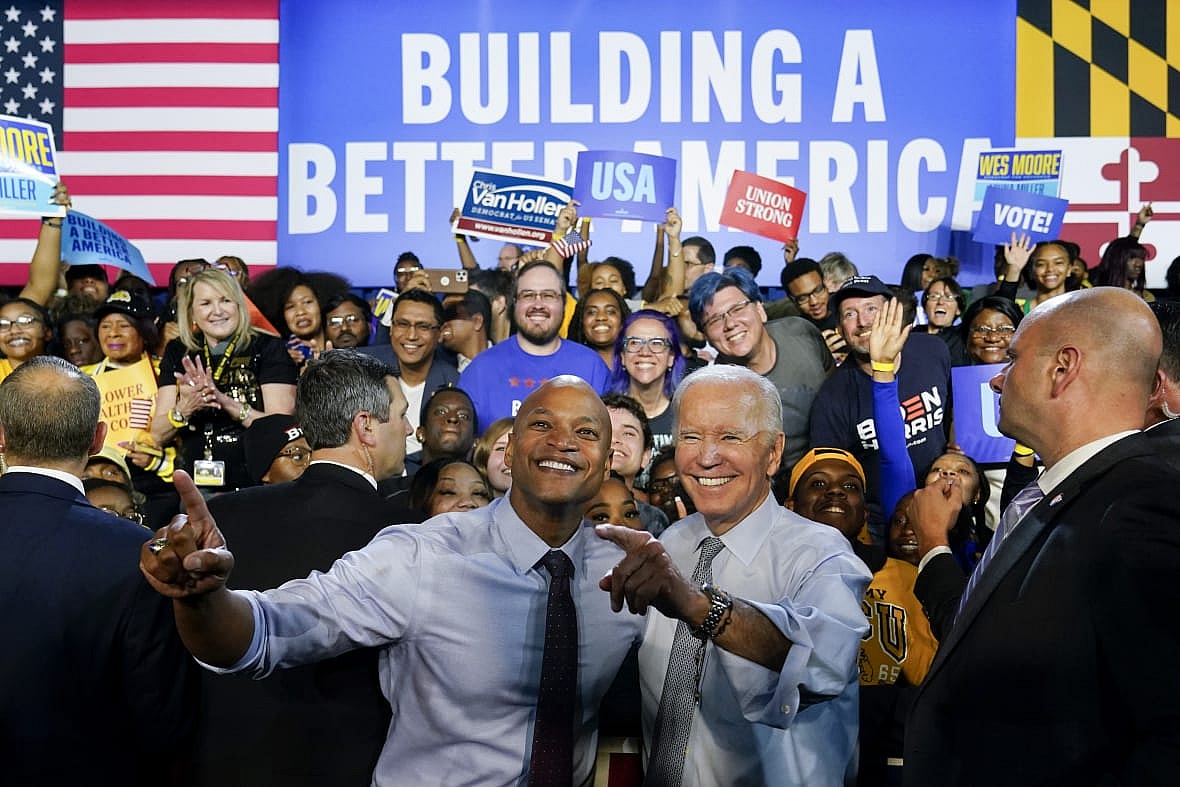 President Joe Biden and Maryland Democratic gubernatorial candidate Wes Moore in a crowd
