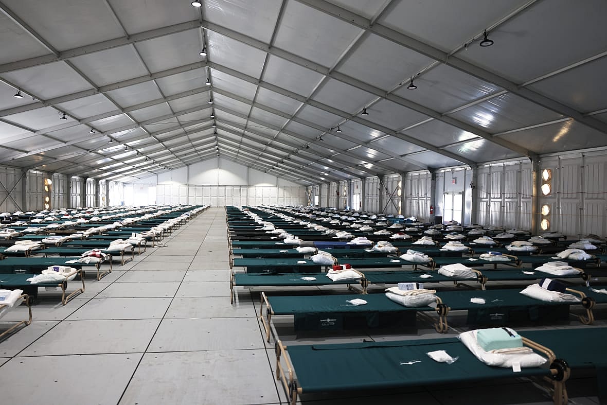 Beds in the dormitory at the Randall’s Island Humanitarian Emergency Response and Relief Center 