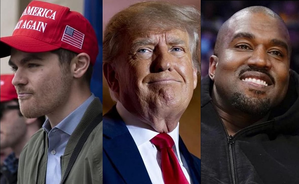 White nationalist Nick Fuentes, former President Donald Trump and rapper Kanye West
