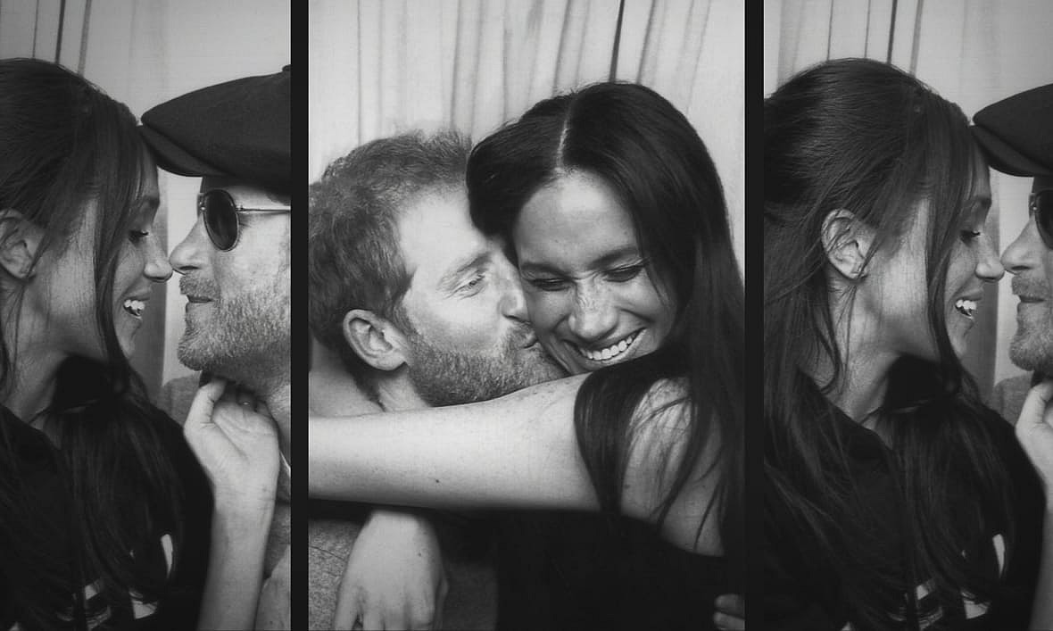 Three black-and-white photos of Prince Harry and Meghan Markle