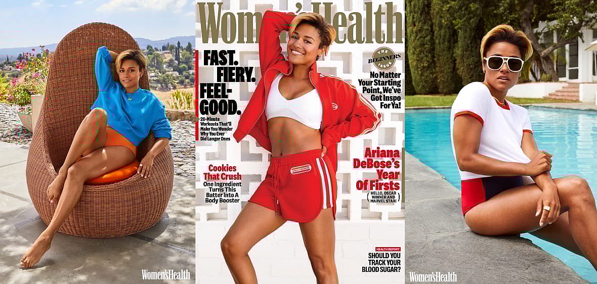 Actor, singer and dancer Ariana DeBose in a wicker chair, on Women's Health magazine and sitting on the edge of a pool