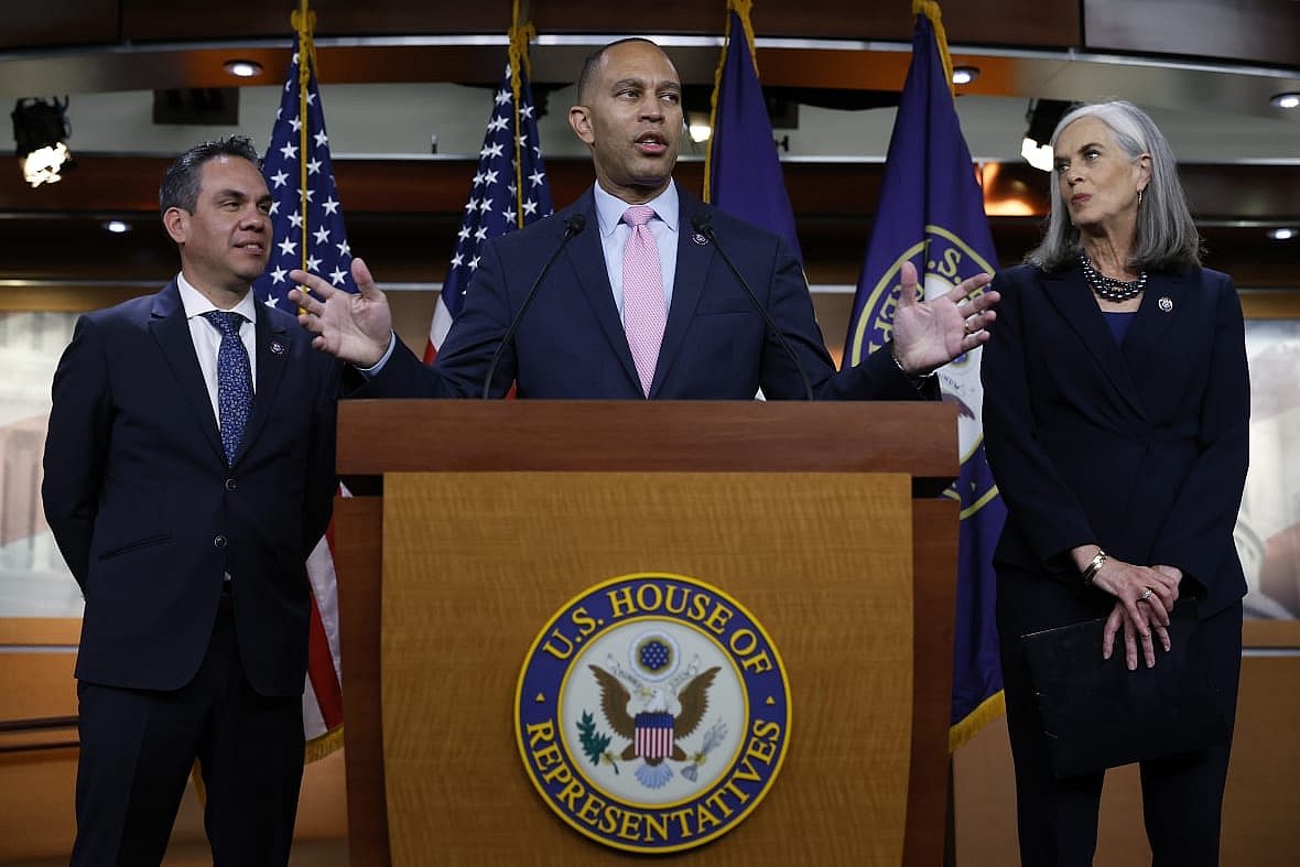 Reps. Pete Aguilar, D-CA, Hakeem Jeffries, D-NY, and Katherine Clark, D-MA, hold a news conference