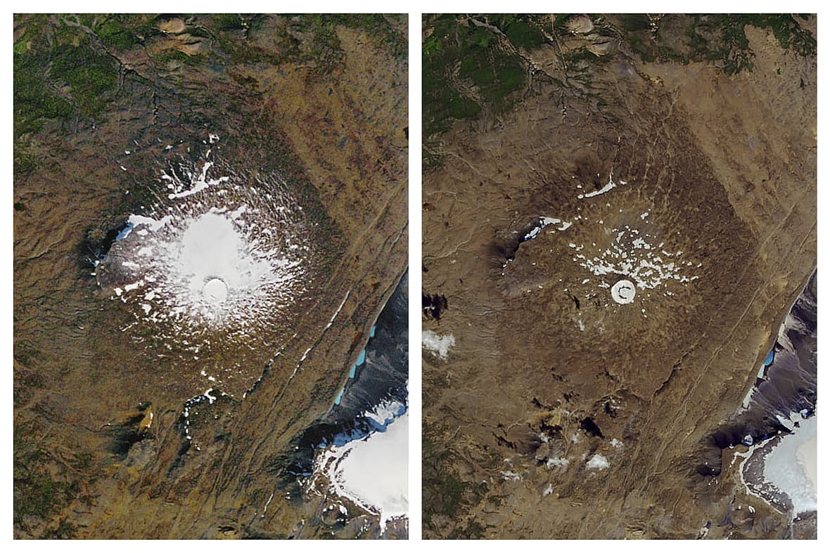 1986 and 2019 photos showing the shrinking of the Okjokull glacier on the Ok volcano in west-central Iceland