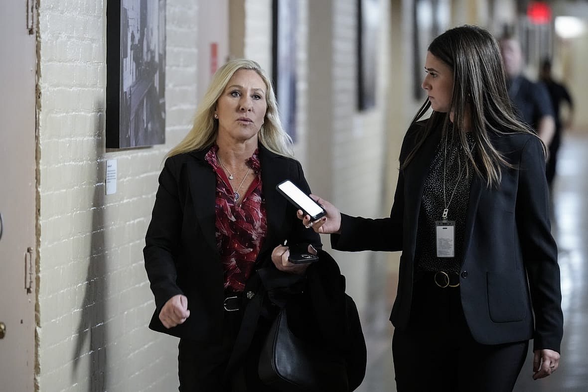 Rep. Marjorie Taylor Greene (R-GA) talks to a reporter