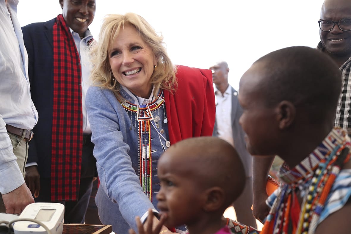 First Lady Jill Biden greets women of the Maasai community in Kenya