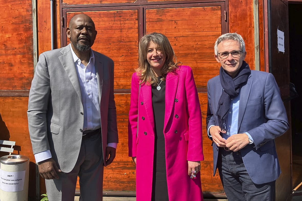 Actor Forest Whitaker, Aubervilliers mayor Karine Franclet and Stephane Troussel, head of the Seine Saint-Denis region