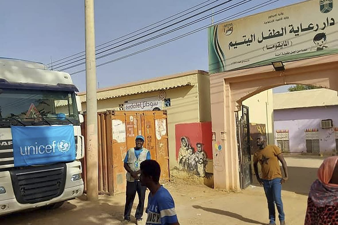 A truck carrying humanitarian assistance from the UN children’s agency in front of the Foster Home for Orphans