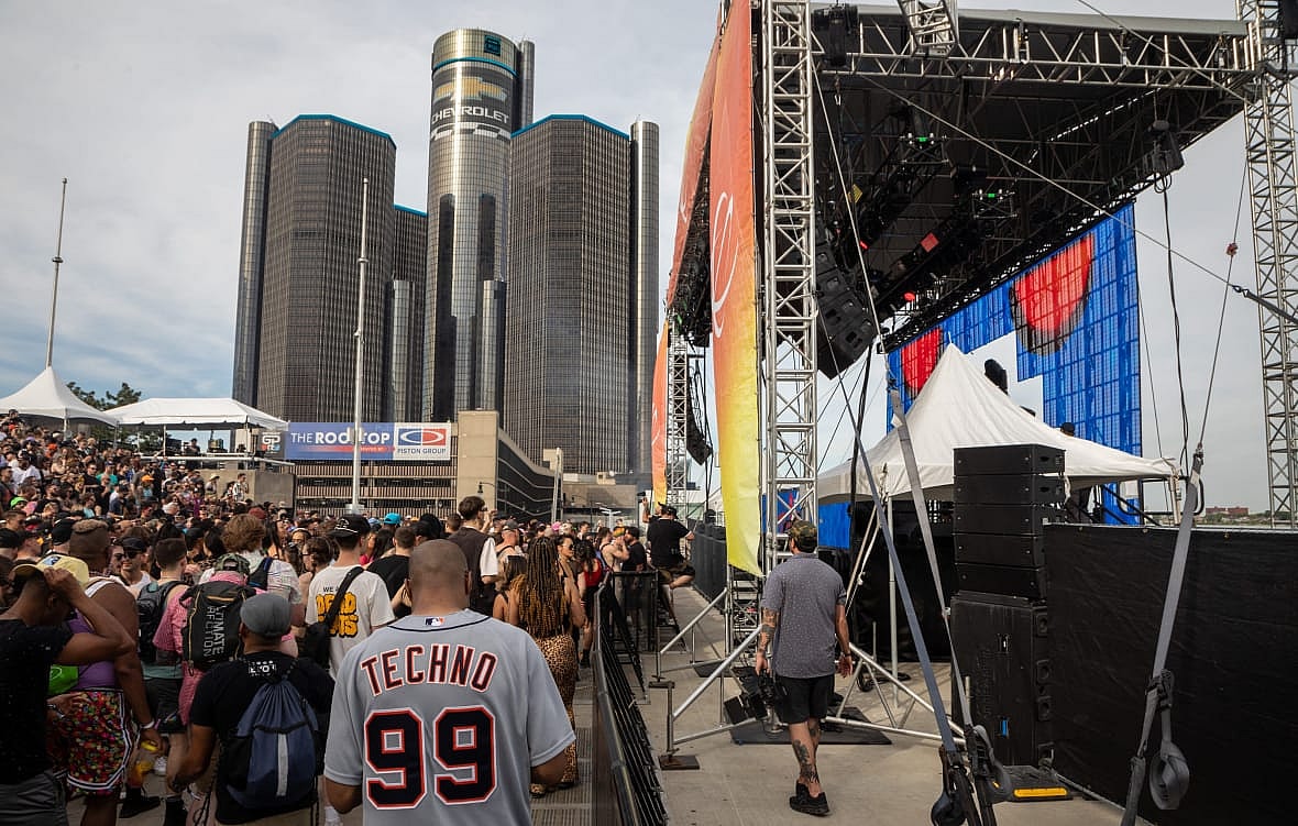 A large crowd near the stage at Hart Plaza in Detroit