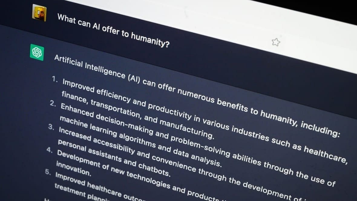 A laptop screen shows the ChatGPT artificial intelligence-generated answer to “What can AI offer to humanity?” 