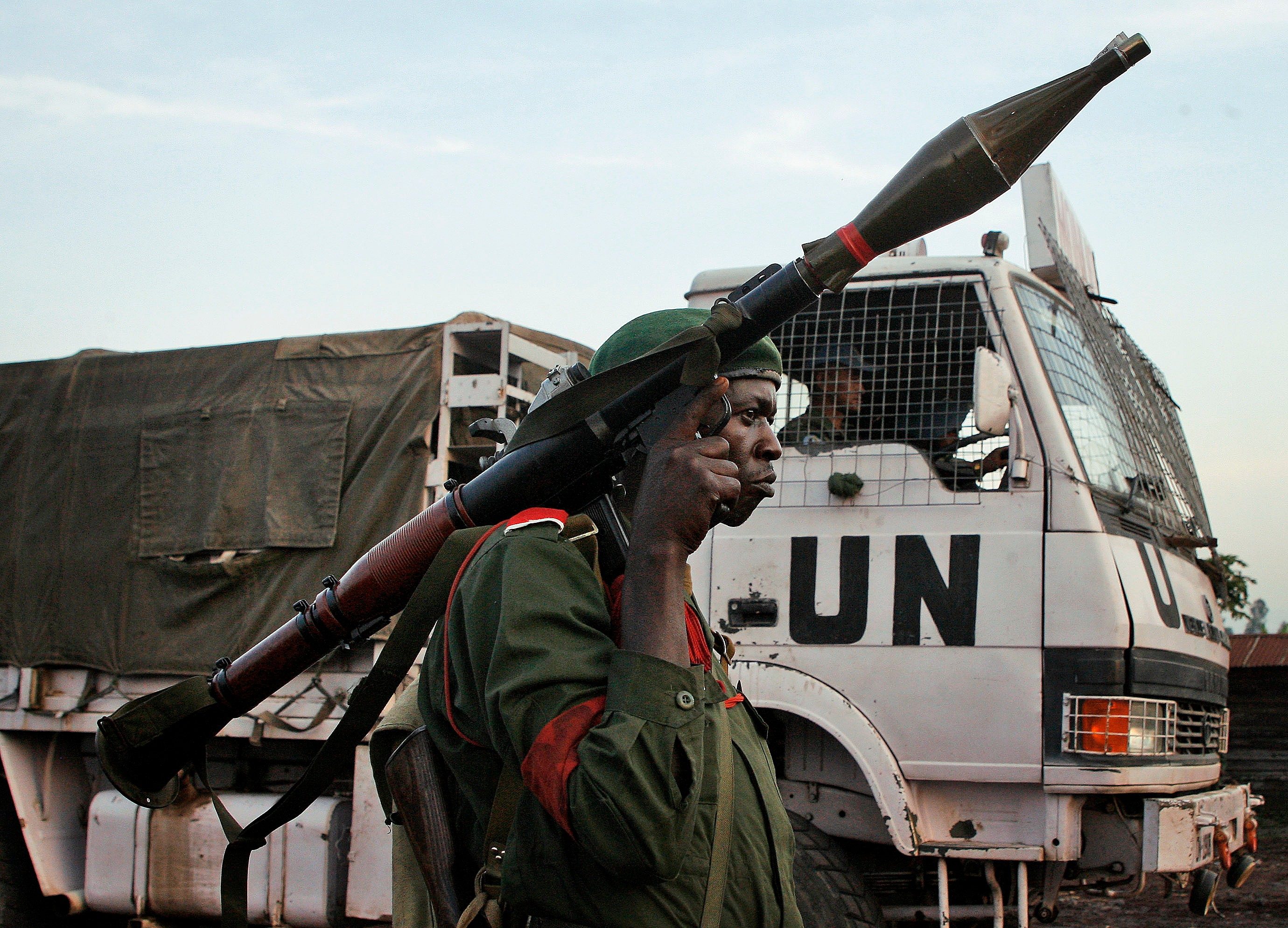 A Congolese government soldier holds an RPG