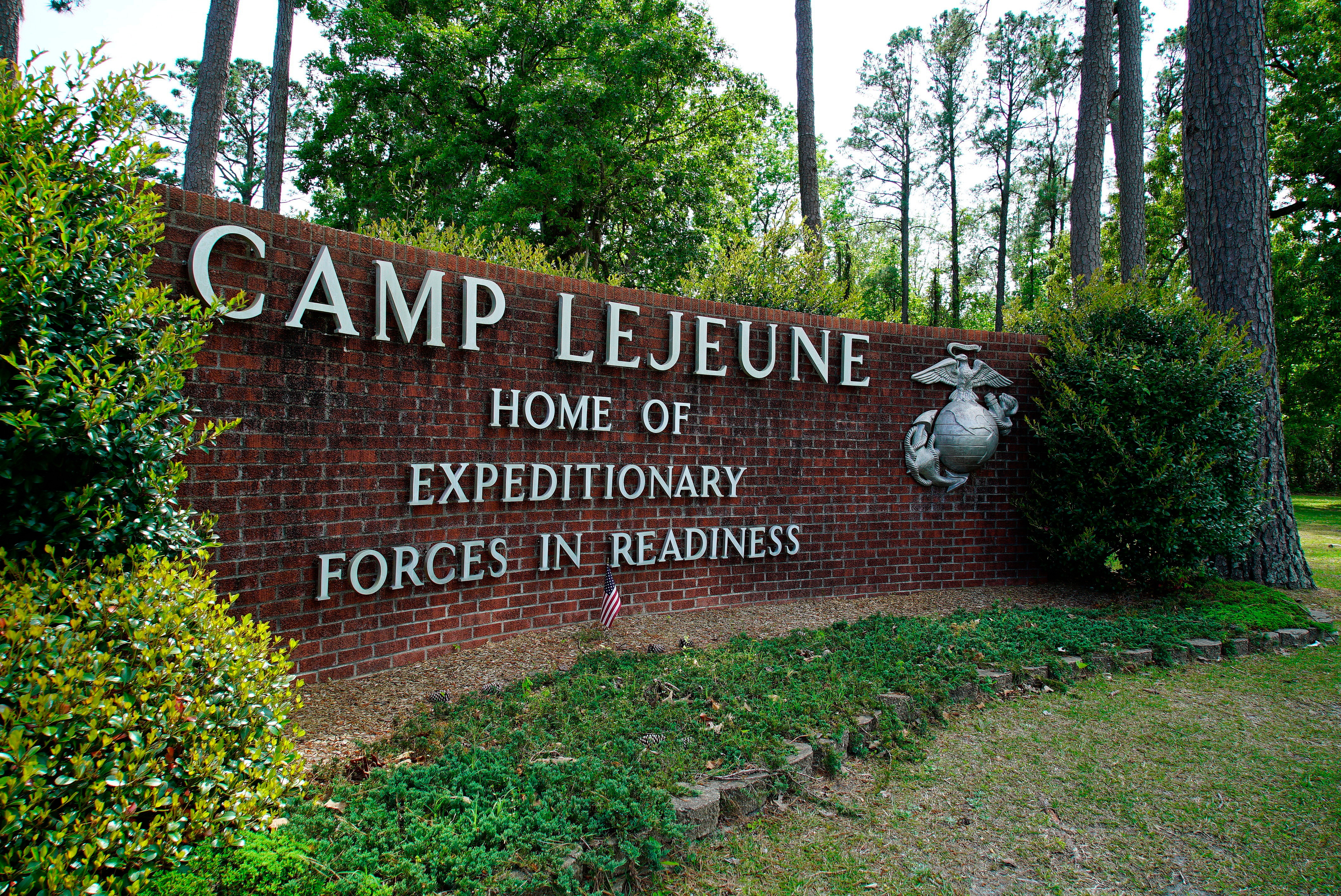 Brick sign at the main gate of Camp Lejeune Marine Base