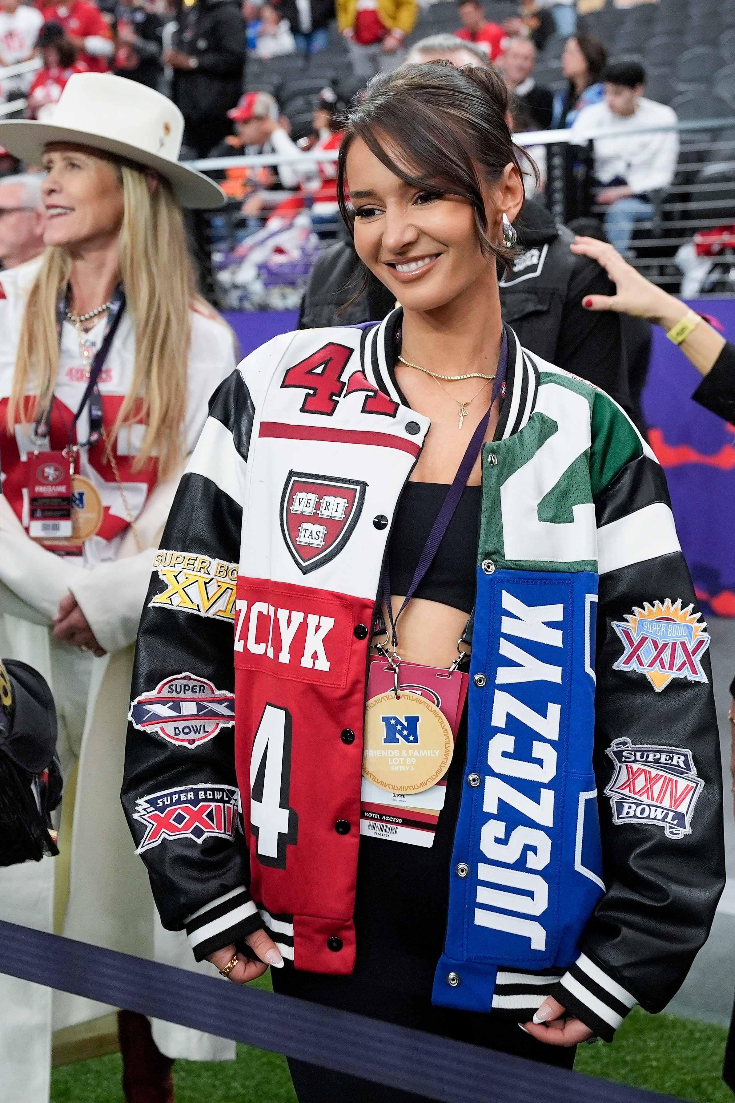 Kristin Juszczyk, wife of San Francisco 49ers fullback Kyle Juszczyk, wears her custom jacket
