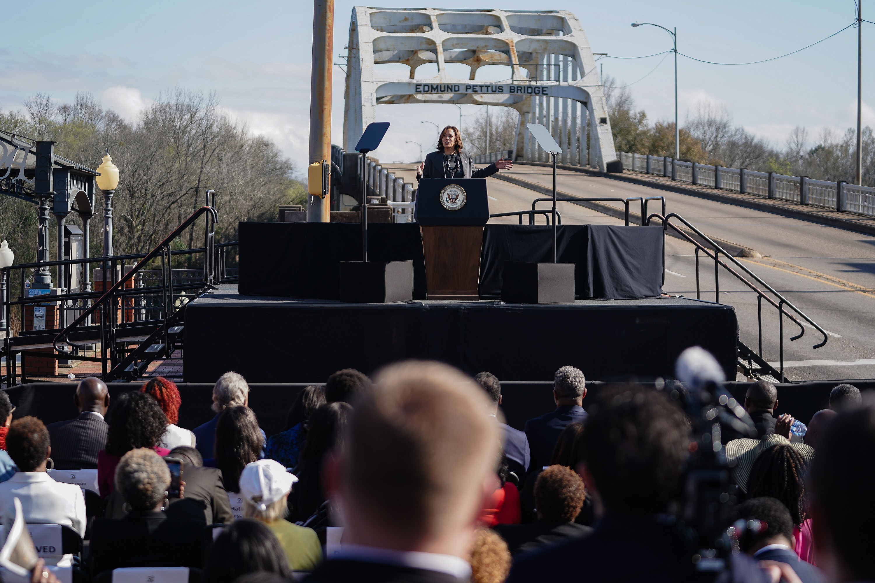 Vice President Kamala Harris speaks at the Edmund Pettus Bridge