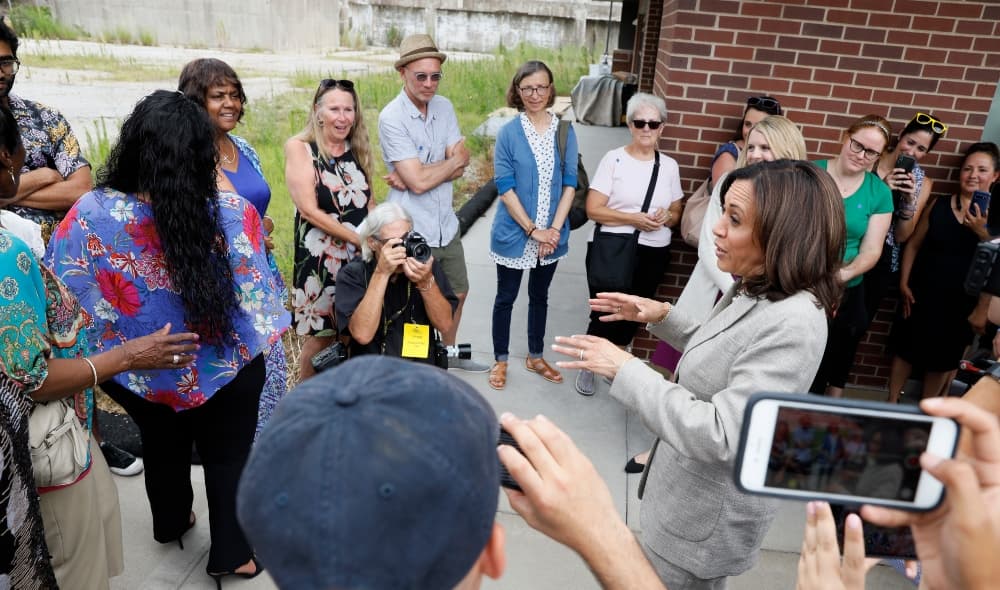 Democratic presidential candidate Sen. Kamala Harris speaks to an overflow crowd before a Women of Color roundtable discussion, Tuesday, July 16, 2019, in Davenport, Iowa. (AP Photo/Charlie Neibergall)
