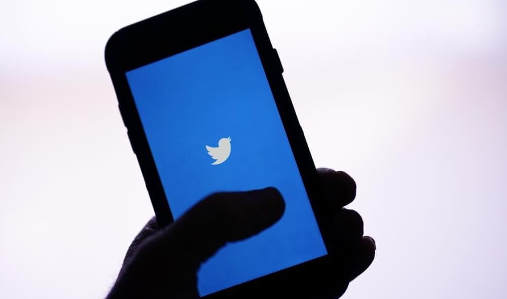 An iPhone with the Twitter bird logo on the screen