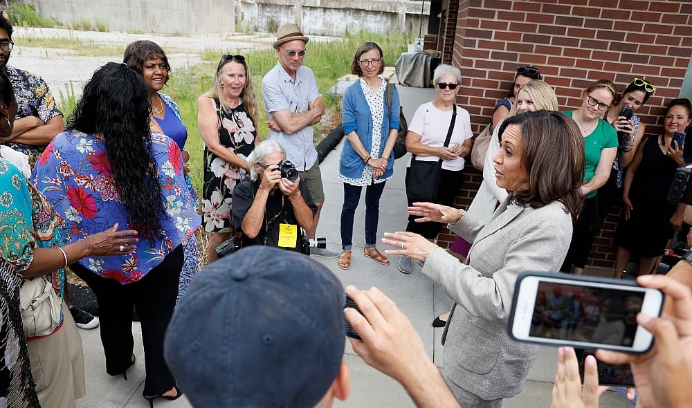 Democratic presidential candidate Sen. Kamala Harris speaks to an overflow crowd before a Women of Color roundtable discussion, Tuesday, July 16, 2019, in Davenport, Iowa. (AP Photo/Charlie Neibergall)