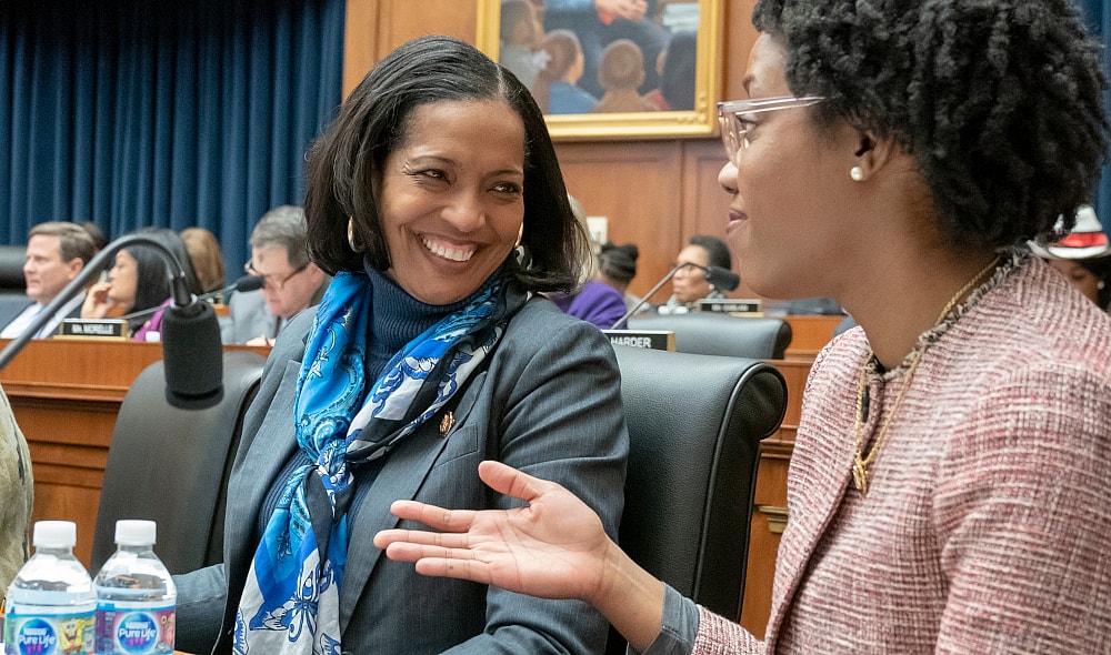 Rep. Jahana Hayes, D-Conn., left, and and Rep. Lauren Underwood, D-Ill., attend a House Education and Labor Committee during a bill markup, on Capitol Hill in Washington, Wednesday, March 6, 2019. (AP Photo/J. Scott Applewhite)