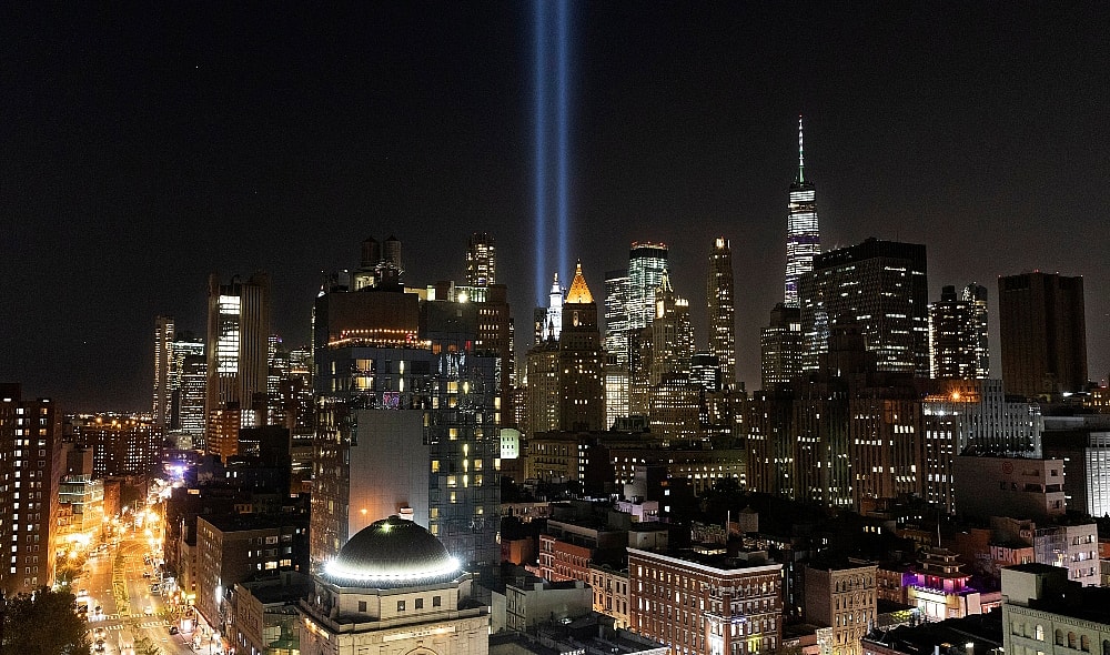 The Tribute in Light rises above the lower Manhattan skyline, Tuesday, Sept. 10, 2019 in New York. Wednesday marks the 18th anniversary of the terror attacks against the United States of Sept. 11, 2001. (AP Photo/Mark Lennihan) thegrio.com