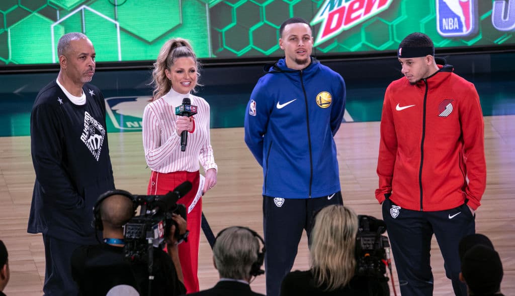 (L-R) Del Curry, Allie LaForce, Steph Curry and Seth Curry at the 2019 NBA All-Star Saturday Night on February 16, 2019 in Charlotte, North Carolina. (Photo by Jeff Hahne/Getty Images) thegrio.com