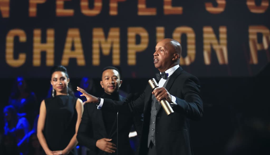 2018 E! PEOPLE'S CHOICE AWARDS -- Pictured: Activist Bryan Stevenson accepts the People's Champion Award on stage during the 2018 E! People's Choice Awards held at the Barker Hangar on November 11, 2018 -- NUP_185094 -- (Photo by Christopher Polk/E! Entertainment/NBCU Photo Bank via Getty Images)