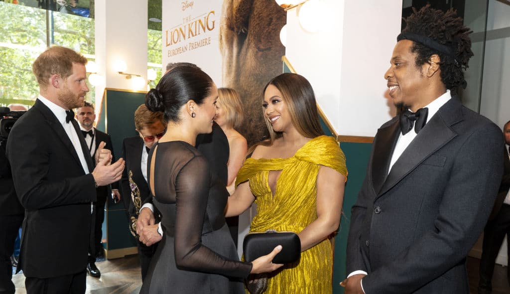 LONDON, ENGLAND - JULY 14: Prince Harry, Duke of Sussex (L) and Meghan, Duchess of Sussex (2nd L) meets cast and crew, including Beyonce Knowles-Carter (C) Jay-Z (R) as they attend the European Premiere of Disney's "The Lion King" at Odeon Luxe Leicester Square on July 14, 2019 in London, England. (Photo by Niklas Halle'n-WPA Pool/Getty Images)