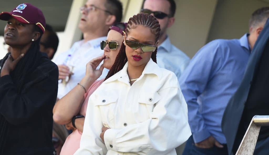 Singer Rihanna watches during the Group Stage match of the ICC Cricket World Cup 2019 between Sri Lanka and West Indies at Emirates Riverside on July 01, 2019 in Chester-le-Street, England. (Photo by Nathan Stirk/Getty Images)